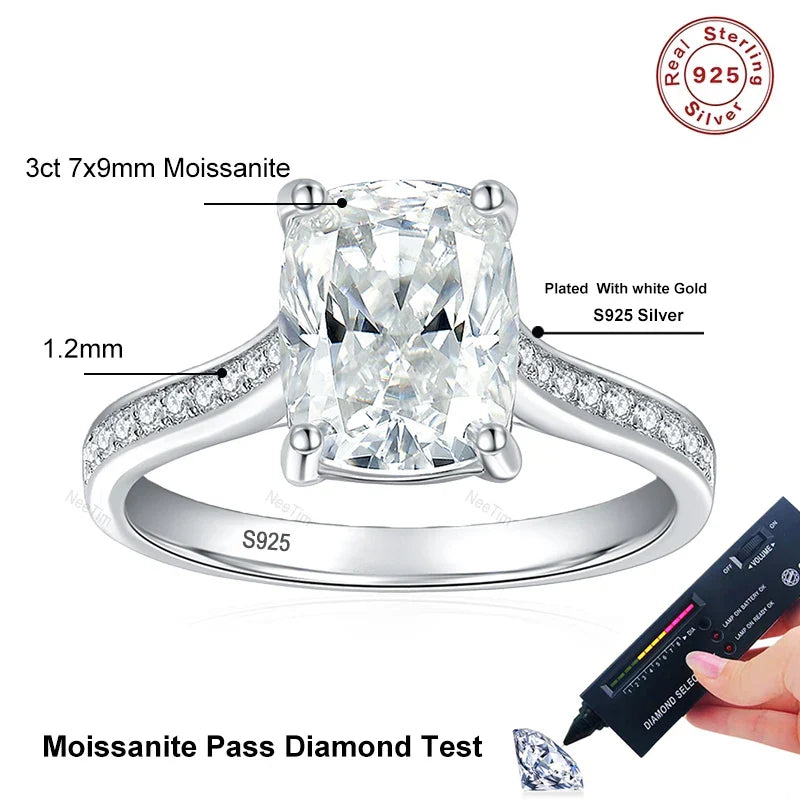 3ct Cushion Cut Full Moissanite Wedding Band Ring 925 Sterling Silver with Gold Plated Eternity Band Engagement Rings