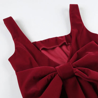 Fashion Red Bowknot Mini Dress Straps Square Collar Sleeveless Backless Vintage Cute Ladies Slim Party Short A-line Dresses