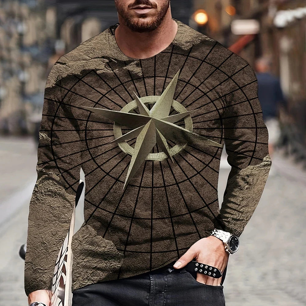 2023 Vintage Men's T Shirt Cotton Cross Pattern Long Sleeve 3D Clothing Nautical Map Print Street Harajuku Oversized