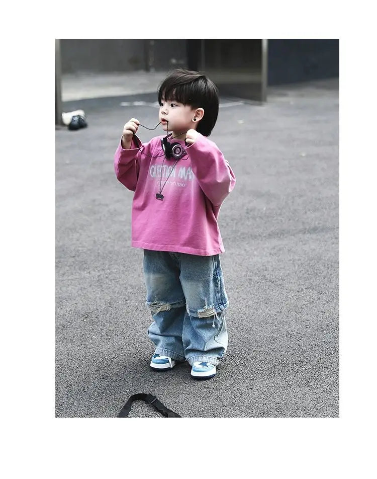 2pcs Set Children's Clothing 2026 Boy Spring Autumn New Korean Version Pink Gradient Base Shirt Fashion Personalized Denim Pants