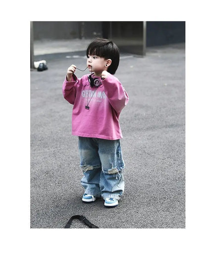 2pcs Set Children's Clothing 2026 Boy Spring Autumn New Korean Version Pink Gradient Base Shirt Fashion Personalized Denim Pants