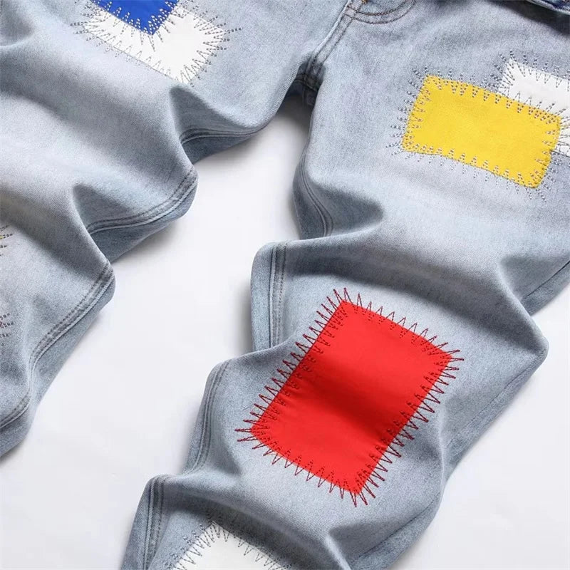 Men's Embroidered Jeans Rainbow Square Cloth Pure Cotton Stretch Slim Pants Scraped White Wearable High Street Color Patch 2025