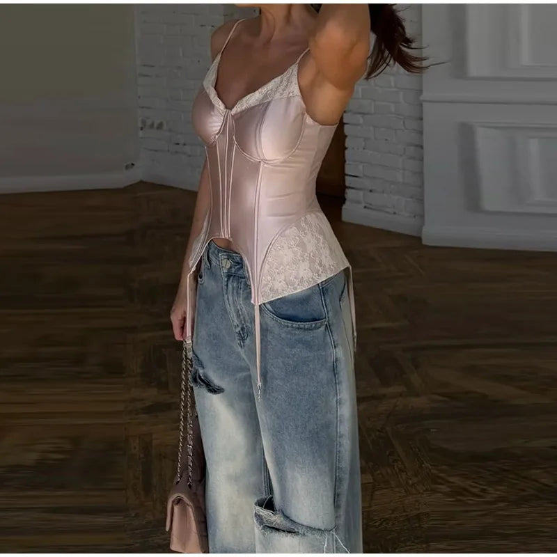 Sexy Lace Patchwork Women Tank Top Club Zippers Sling Deep V-neck Backless Female Vest 2026 Summer Vacation Lady Crop Tops