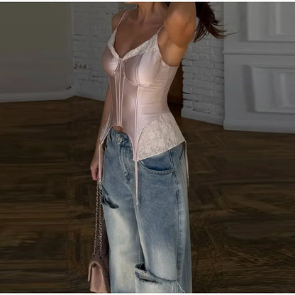 Sexy Lace Patchwork Women Tank Top Club Zippers Sling Deep V-neck Backless Female Vest 2026 Summer Vacation Lady Crop Tops
