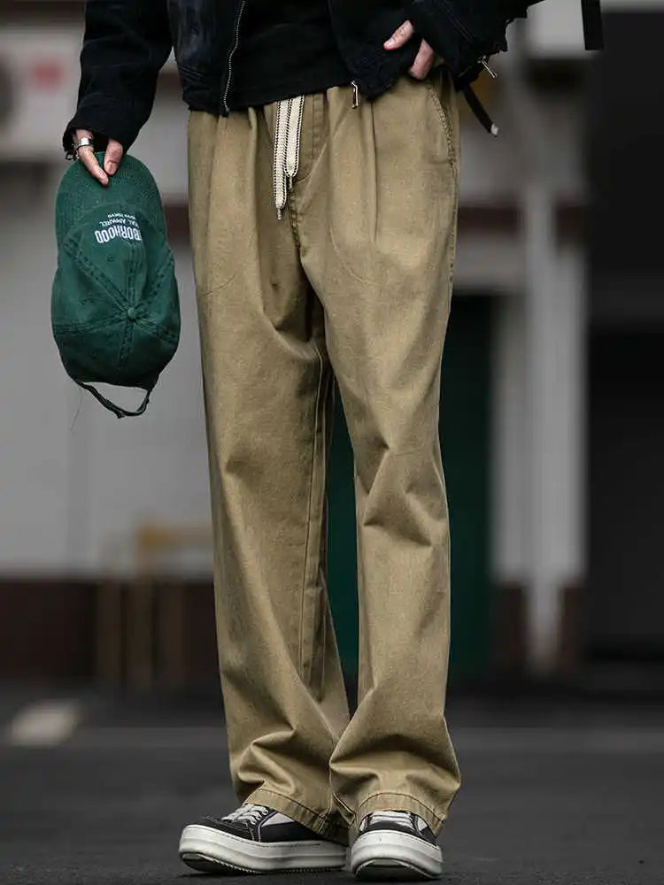Spring Summer Cargo Pants Men Cotton Enzyme Wash Distressed Loose Fit Straight Leg Khaki Drawstring Elastic Waist Casual Pants