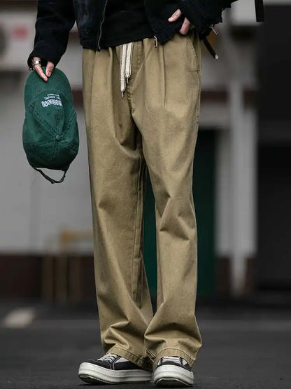 Spring Summer Cargo Pants Men Cotton Enzyme Wash Distressed Loose Fit Straight Leg Khaki Drawstring Elastic Waist Casual Pants