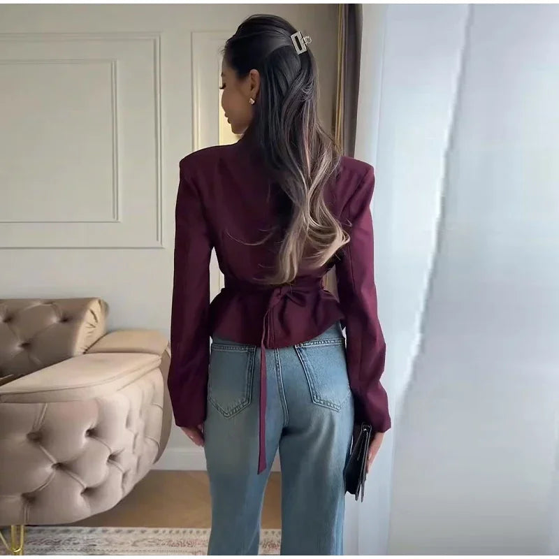 Chic Pleated Waist Cinched Women's Jacket V Neck Single Breasted Lace Up Blazer Coat Lady 2026 Casual Slim Commute Outerwear