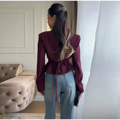 Chic Pleated Waist Cinched Women's Jacket V Neck Single Breasted Lace Up Blazer Coat Lady 2026 Casual Slim Commute Outerwear