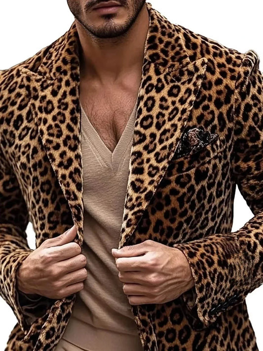 Men's Leopard Print Blazer Single Breasted Slim Fit Tuxedo Jacket Notch Lapel Fashion Party Prom Outerwear