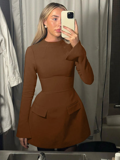 Long Sleeves Zipper Bodycon Mini Dress With Pocket Solid Elegant Outfit Office Streetwear Women’S Autumn Winter Clothes