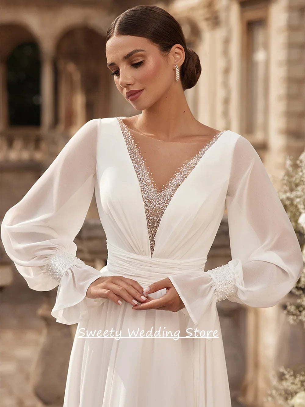 Romantic Wedding Dresses for Woman Bride Customized Puff Sleeves V Neck Beading Sequined Sweep Train Chiffon Bridal Gown