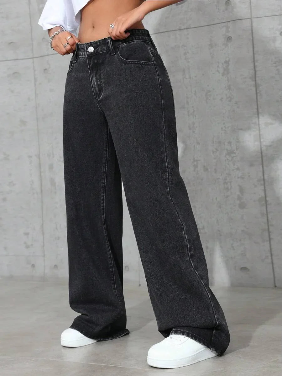 Plus Size Women's Wide Leg Jeans Washed Elastic Casual Loose Fit Ladies Denim Pants Comfortable Stretchy Trousers