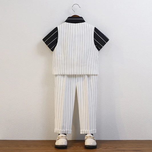 Boys Summer White Breathable 1Year Birthday Dress Kids Vest Shirt Pants Bowtie Photography Suit Children Performance Costume