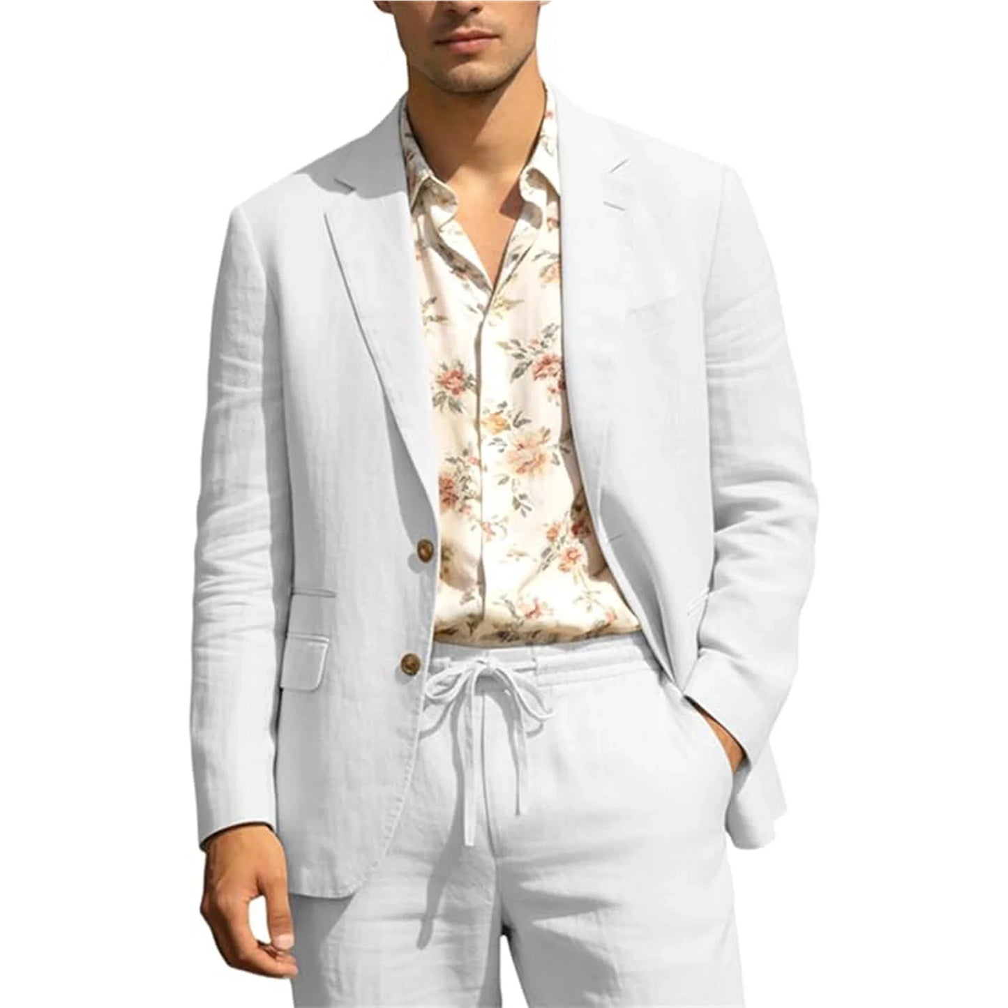 Men's Linen Suit 2 Piece Set Blazer & Drawstring Pants Business Casual Suit Jacket Trousers Summer Beach Wedding Formal Outfit