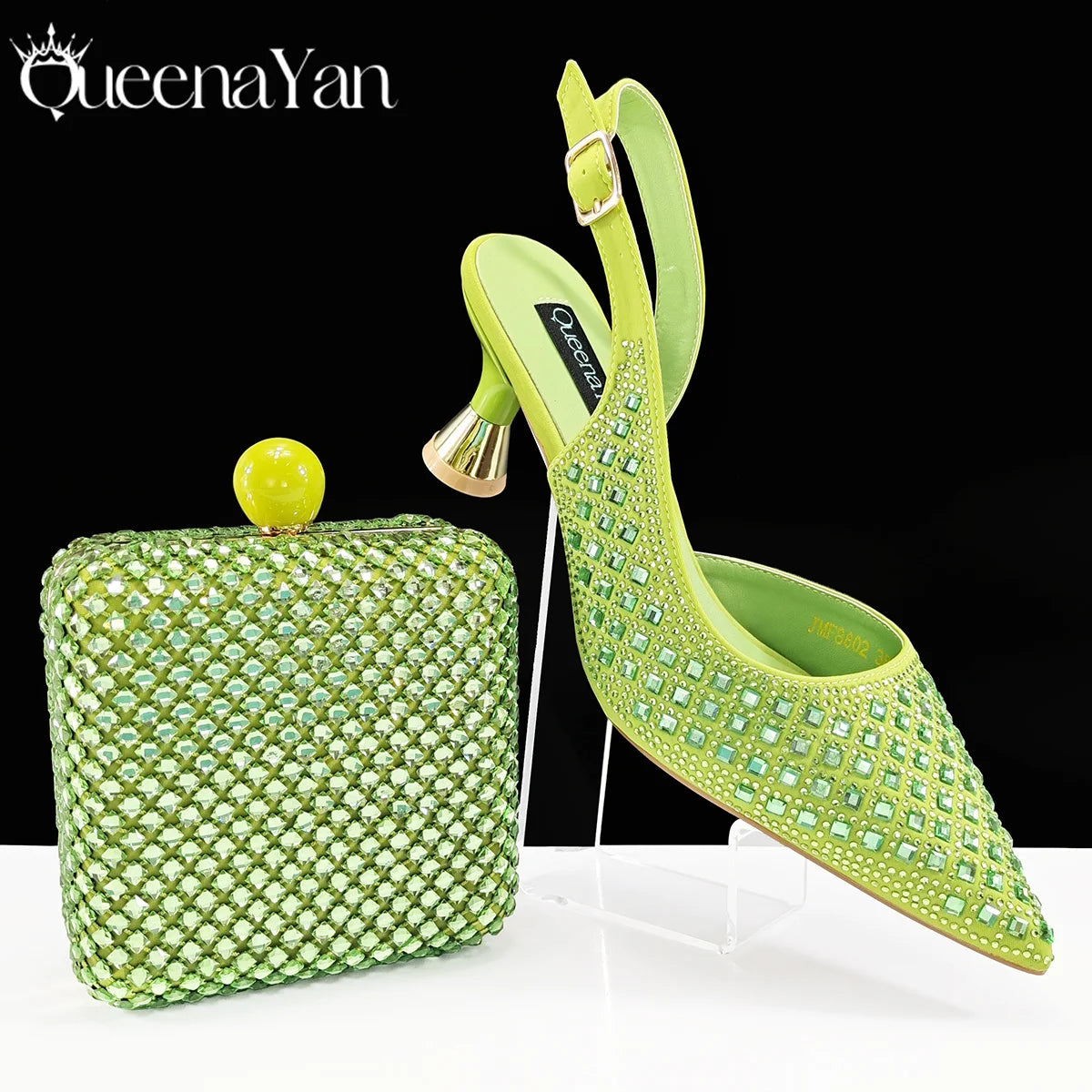Queena Yan 2025 Italian Design Rhinestone Luxury Navy Blue Pointed Toe Shoe & Bag Set Women High Heels for Parties High Quality