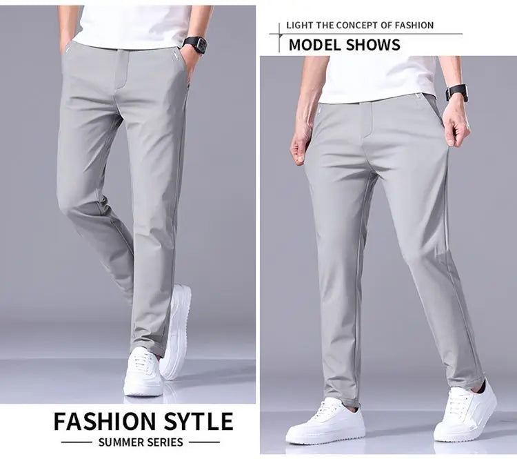 High Elastic Ice Silk Casual Pants Men's Spring Summer Ultra-thin Quick Drying Soft Breathable Business Straight Gray Trousers