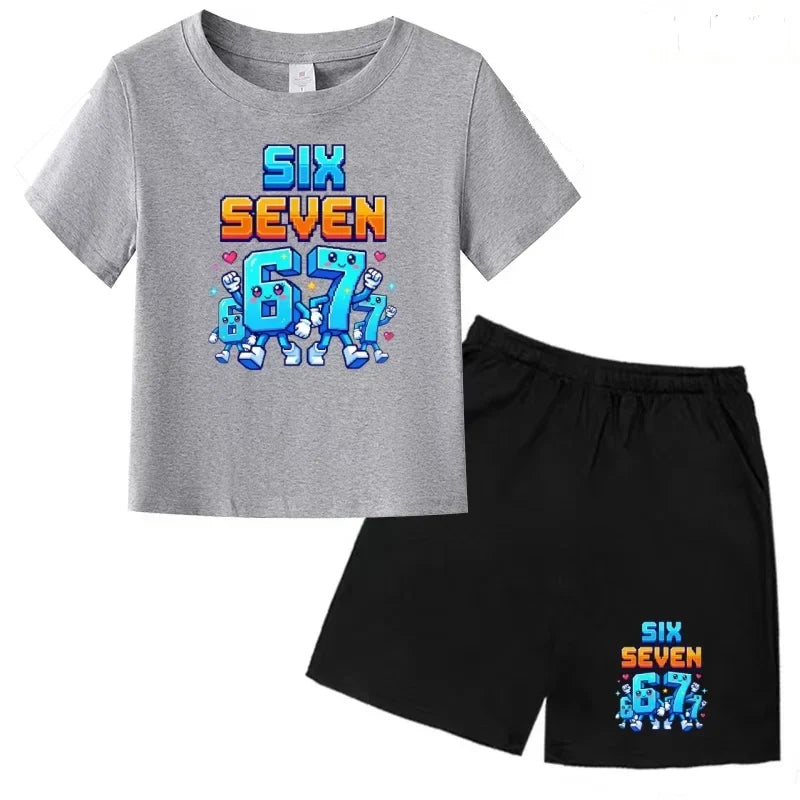 Boys Girls 3-12Y Summer Fashion Outfit 67 Number Cartoon Print T-shirt and Shorts Casual Two-Piece Clothing Set