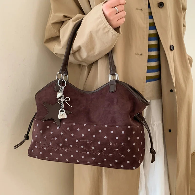 Vintage Frosted Tote Bag Casual Students Purse Large Capacity Shoulder Bag Polka Dot Drawstring Zipper Handbag With Star Pendant