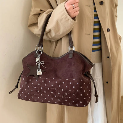 Vintage Frosted Tote Bag Casual Students Purse Large Capacity Shoulder Bag Polka Dot Drawstring Zipper Handbag With Star Pendant