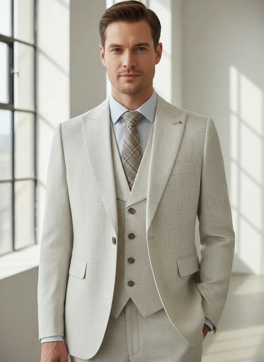 Turkish Style 3-Piece Set (Jacket + Vest + Pants) Elegant Men's Suit Beige Man Jacket Slim-Fit Full Men's Suit Business Office
