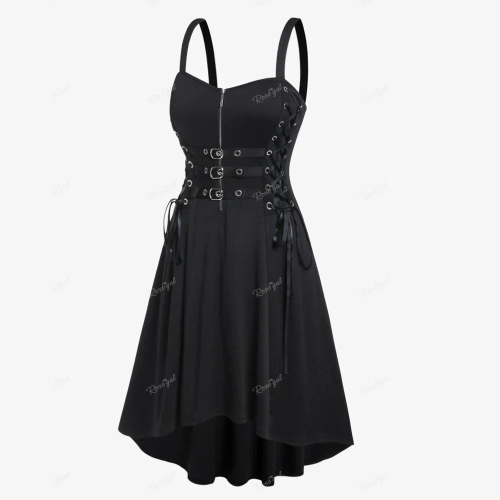 Plus Size Gothic Buckled Lace Up Midi Dress High Waist Sweetheart Neck Asymmetrical Half Zip Sleeveless Party Punk Dress