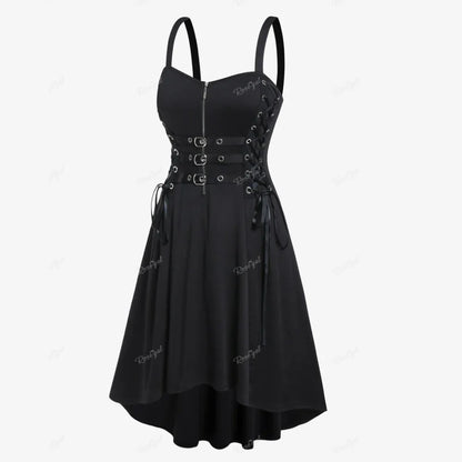 Plus Size Gothic Buckled Lace Up Midi Dress High Waist Sweetheart Neck Asymmetrical Half Zip Sleeveless Party Punk Dress