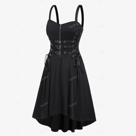 Plus Size Gothic Buckled Lace Up Midi Dress High Waist Sweetheart Neck Asymmetrical Half Zip Sleeveless Party Punk Dress