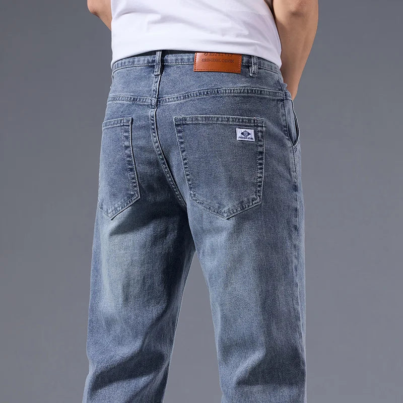 Men's loose straight leg jeans retro washed elastic casual pants suitable for all seasons versatile pants