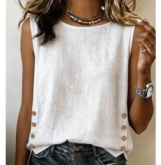 Fashion Elegant Tops Shirt Summer New Women's Round Neck Casual Loose Button Cotton Linen Solid Color Top Shirt Womens Clothing