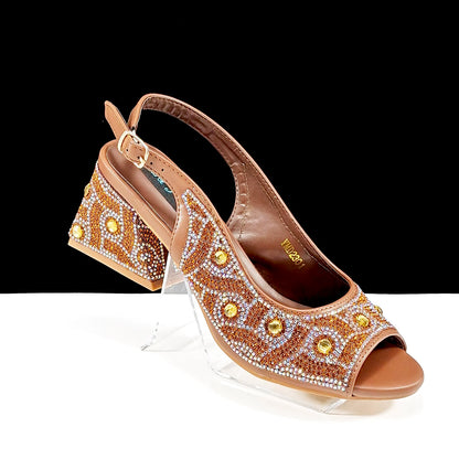 2024 Rhinestone Design INS Hot Sale New Arrivals African Shoes and Bag Set in Green Color Open Toe Comfortable Women Heels