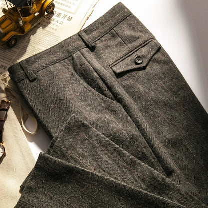 Retro British Wool Herringbone Casual Pants for Men, Thick Loose Plaid Pants for Autumn and Winter, Large Size Woolen Pants