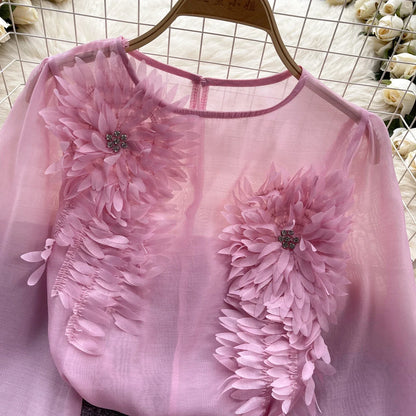Spring Loose Satin Blouse Women O Neck Long Sleeves Sheer Bohemian Top 2024 Transparent 3D Floral Casual Shirt