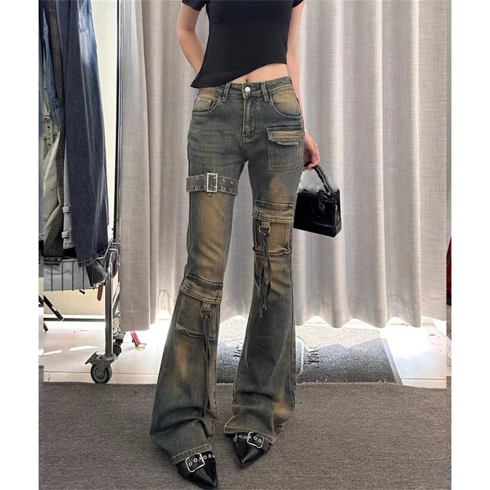 2025 Autumn Winter Women's Denim Pants High Waist Cargo Jean Goblin Core Kpop Bell Bottom Japanese Y2k Stretch 2000s Jeans Gyaru