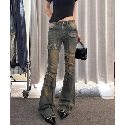 2025 Autumn Winter Women's Denim Pants High Waist Cargo Jean Goblin Core Kpop Bell Bottom Japanese Y2k Stretch 2000s Jeans Gyaru
