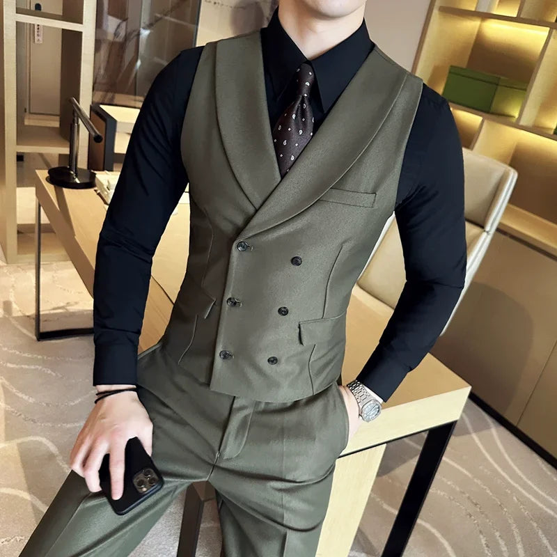 Men Luxury Double Breasted Design Solid Vest Formal Groom Wedding Dress Suit Vest Set Fashion Mens Club Singer Clothing 6XL-M