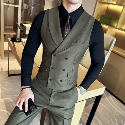 Men Luxury Double Breasted Design Solid Vest Formal Groom Wedding Dress Suit Vest Set Fashion Mens Club Singer Clothing 6XL-M