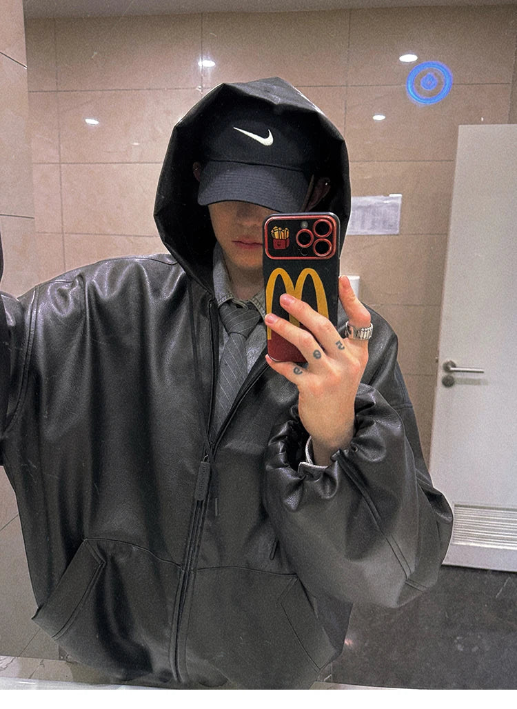 Spring Autumn Short Oversized Black Soft Pu Leather Jacket Men with Hood Zipper Loose Casual Korean Fashion Clothes