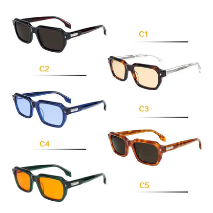 Designer Retro Rectangle Sunglasses Color Block Black Dark Red Temples UV400 Unisex Eyewear