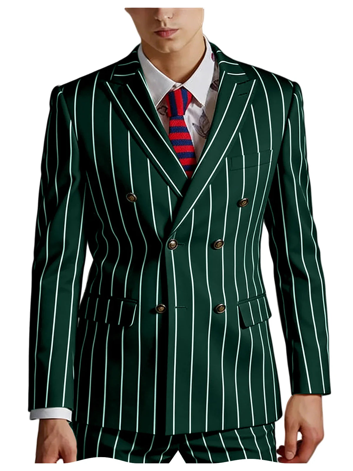 Men's Pinstripe 2 Piece Suit Set Double Breasted Peak Lapel Slim Fit Striped Tuxedo Suit For Wedding Prom Business Formal