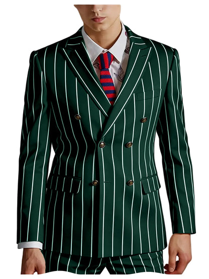 Men's Pinstripe 2 Piece Suit Set Double Breasted Peak Lapel Slim Fit Striped Tuxedo Suit For Wedding Prom Business Formal
