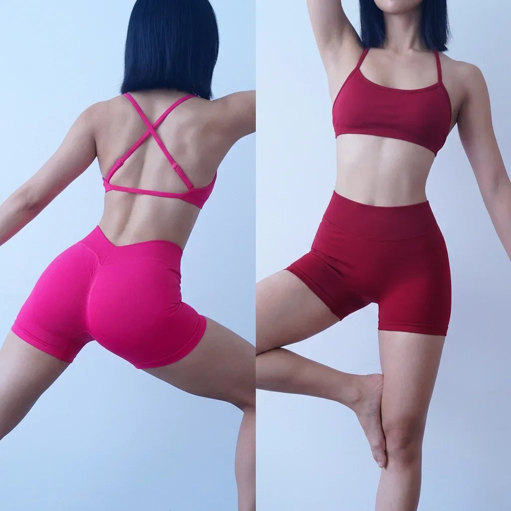 Women's Seamless Quick Dry Fitness Set Sports Bra And Hip Lifting V-Waist Yoga Shorts Pilates Training Clothing Gym Set