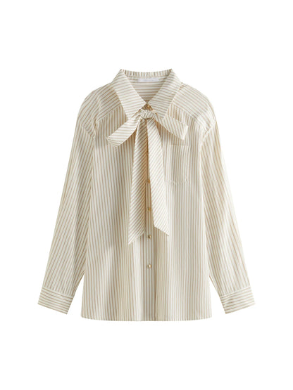 Office Lady French Bow Tie Striped Shirt for Women Spring Loose Fit Shirt College Casual Women Top for Women 25FS11060