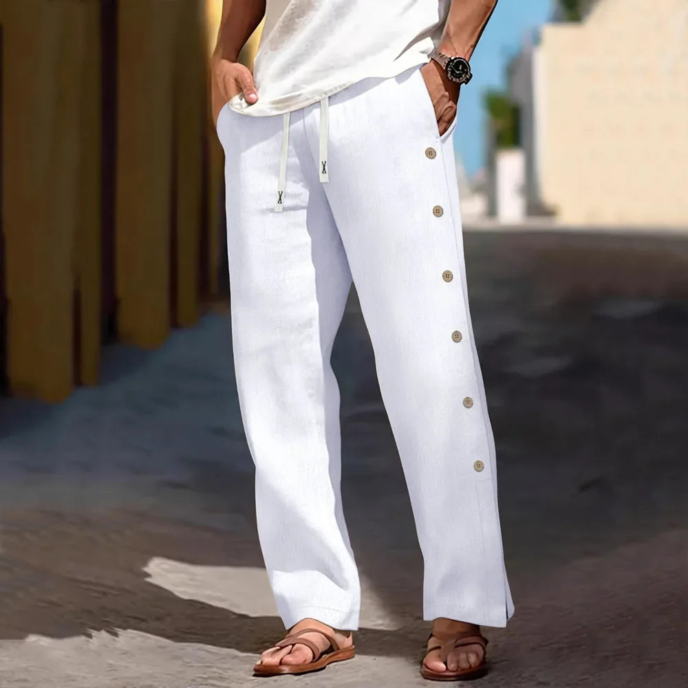 Men's Casual Cotton Linen Pants Drawstring Waist Side Button Decor Straight Leg Lightweight Breathable Summer Beach Trousers