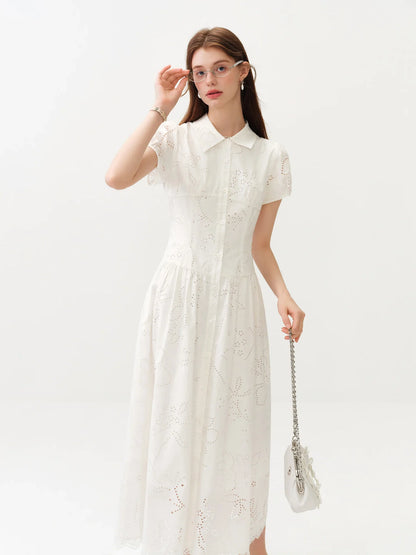 Women's Light French Style Cotton Lapel Hollow-out Print Waist-Fitted Short Sleeve Shirt Dress 2026 Summer New Arrival