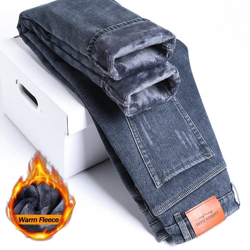 2025 Winter Fleece Jeans Men's Fashion Elastic Slim Straight Warm Trousers Thicken Business Casual Korean Thermal Denim Pants