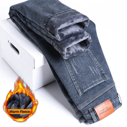 2025 Winter Fleece Jeans Men's Fashion Elastic Slim Straight Warm Trousers Thicken Business Casual Korean Thermal Denim Pants