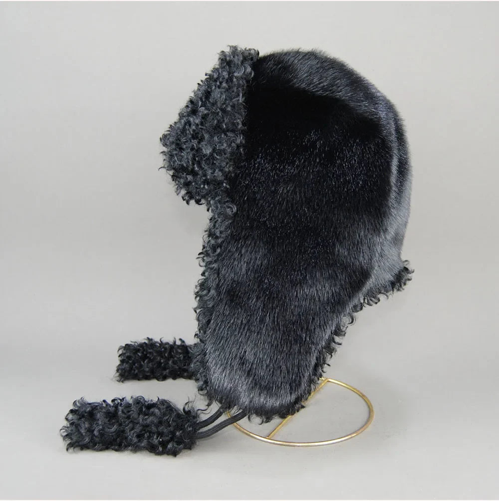 Real Fur Wool Hat Unisex New Winter Warm Bomber Russian Ushanka Hats With Ear Flaps Cow Leather Thick Snow Earflaps Baseball Cap