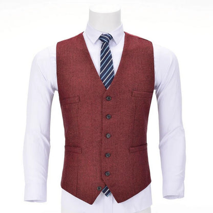 Men Vest Red Solid V Neck Herringbone Waistcoat For Wedding Business Birthday Banquet Work Set Men Suit Vest