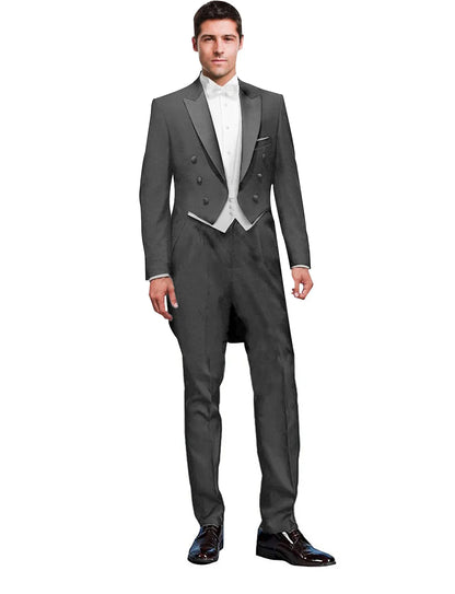 3 Piece Black Men Suit Wedding Groom Tuxedo Long Tailcoat Best Man Formal Prom Suit Fashion Costume Homme (Jacket+Vest+Pants)