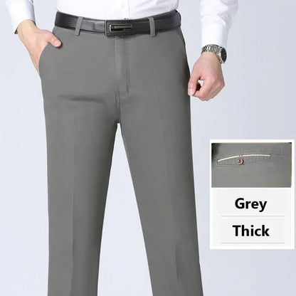 Men's Spring Autumn 100% Cotton Middle-aged Business Trousers Straight Slacks High Waist Dad's Thin Thick Casual Male Suit Pants